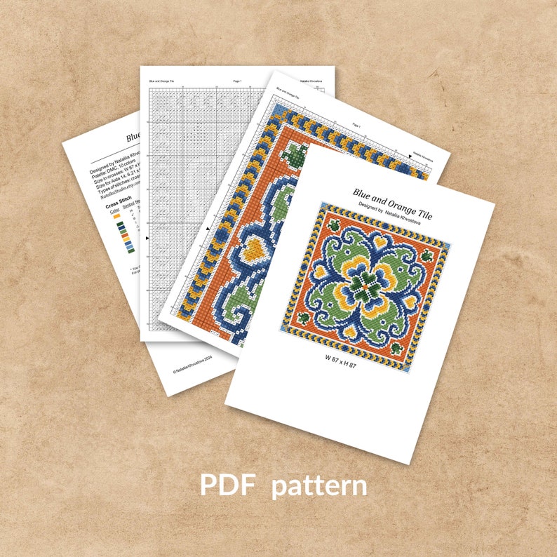 Tile Stitching Pattern Tile Cross Stitch Pattern: Blue Orange Mosaic Embroidery - Etsy