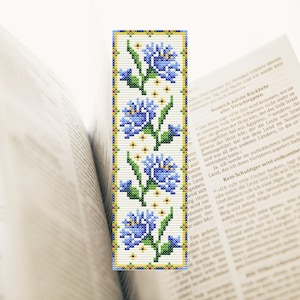 Bladwijzer blauwe bloemen kruissteek patroon PDF korenbloemen borduurwerk bloemen sampler kruissteek boek minnaar cadeau