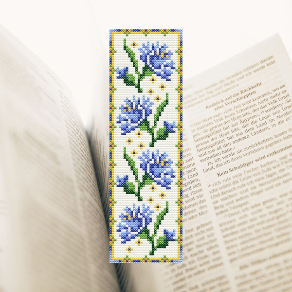 Bookmark Blue Flowers Cross Stitch Pattern PDF Cornflowers Embroidery Floral Sampler Cross Stitch Book Lover Gift