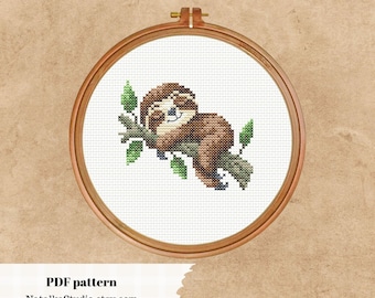 Sloth cross stitch pattern PDF Cute sleeping sloth primitive small embroidery  Animal cross stitch Nursery embroidery