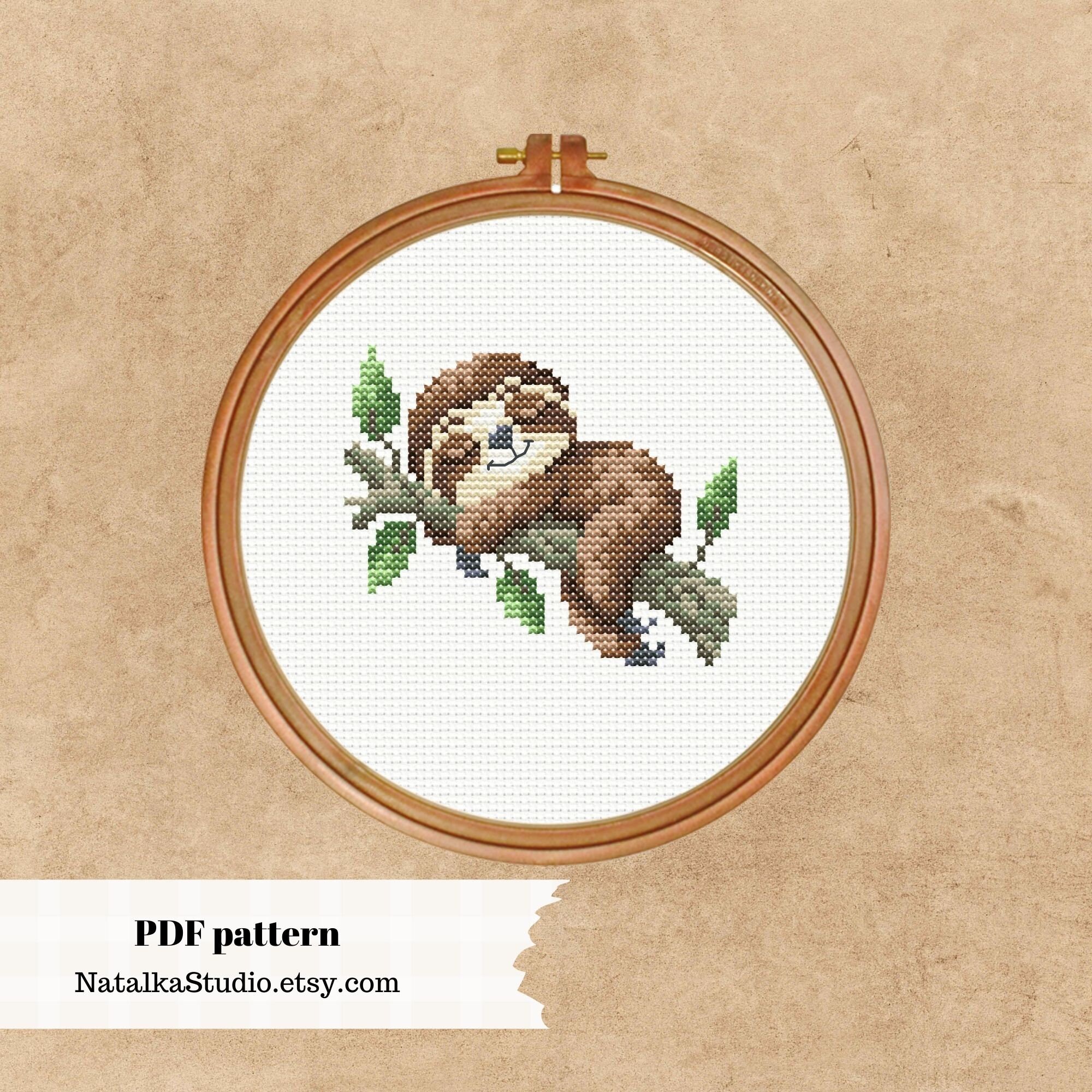 sloth-cross-stitch-pattern-pdf-cute-sleeping-sloth-primitive-small-embroidery-animal-cross-stitch-nursery-embroidery-etsy