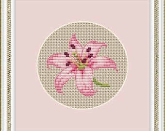 Pink Lily Cross Stitch Pattern: Small Primitive Flower Embroidery
