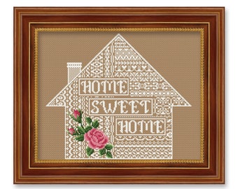 Home sweet home cross stitch pattern PDF Primitive sampler embroidery Floral cross stitch Modern embroidery House cross stitch