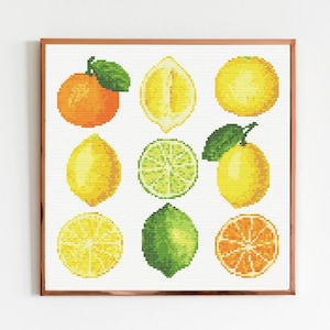 Könnte beinhalten: Ein Kreuzstichmuster mit neun Zitrusfrüchten: Zitronen, Limetten und Orangen. Die Früchte sind in einem Rastermuster auf weißem Hintergrund angeordnet.