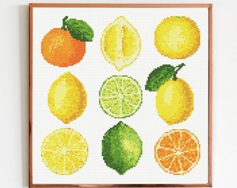May include: A cross-stitch pattern featuring nine citrus fruits: lemons, limes, and oranges. The fruits are arranged in a grid pattern on a white background.