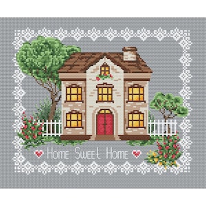 Home sweet home cross stitch pattern PDF House embroidery Cottage flower Primitive counted cross stitch