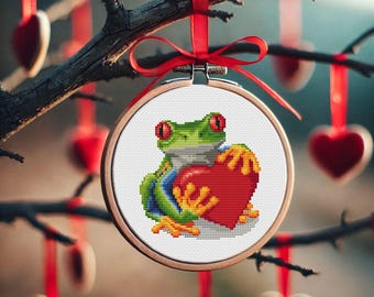 ハートのカエルのクロスステッチパターン：バレンタインデーの刺繍（PDF+SAGA）