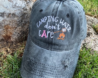 Camping Hair Dont Care distressed hat, cute camping hat, camping hat, distressed camping hat, campfire hat, womens distressed hat, camp hair