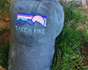 Take A Hike distressed hat, cute distressed hiking hat, cute hiking hat, hat for hiking, take a hike hat, outdoor hat,cute camping hat,women