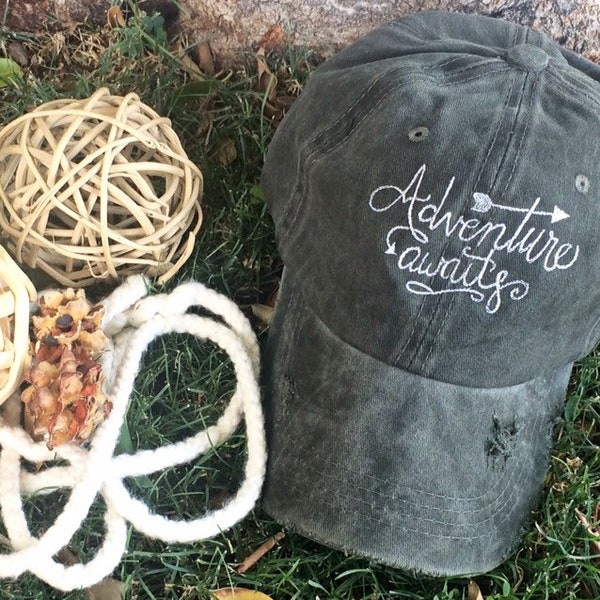 Adventure Awaits distressed hat, cute adventure hat, cute hiking hat, cute outdoor hat, cute womens hat, hat for women, embroidered hat cute