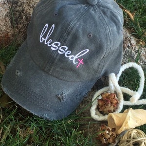 Blessed distressed baseball hat, cute blessed hat with cross, distressed hat for women, blessed hat for women, cute womens hat blessed,bless