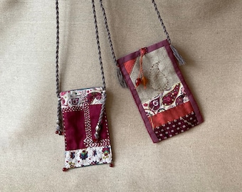 Small lightweight iPhone bag to wear over the shoulder in linen, velvet, cotton in orange, plum, burgundy.