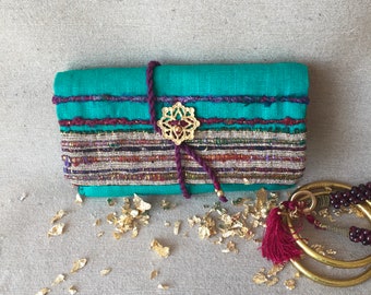 Small storage pouch in turquoise and gold linen, pretty boho gift for Mother's Day.