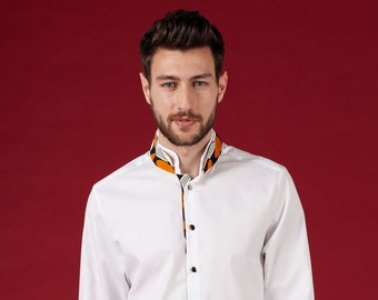 Oxfordhemd Weiss Longsleeve Button down Mens Shirt Männer Hemd Slim fit Afrika Print Stehkragen Collar