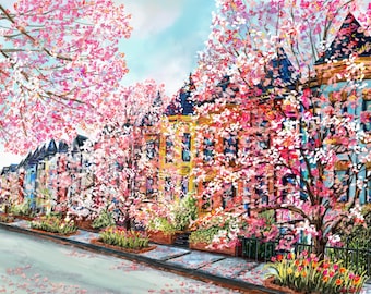 May include: An artistic rendering of a street lined with colorful row houses, framed by blooming cherry blossom trees. The houses feature a mix of blue, yellow, and pink facades, with pink blossoms cascading over them. A spring scene.