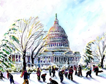 Capitol Hill Snow Ball Fight by Cris Clapp Logan - Gicleé Print