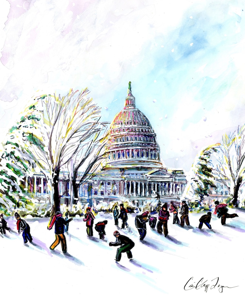 Capitol Hill Snow Ball Fight by Cris Clapp Logan Gicleé Print image 1