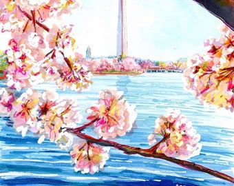 Washington Monument and Cherry Blossoms by Cris Clapp Logan