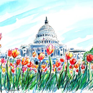 Spring US Capitol Illustration Tulips Original Print by Cris Logan Art