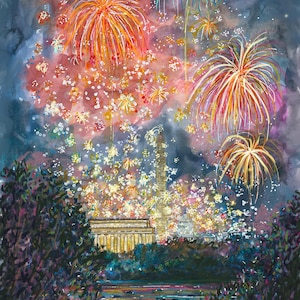 Puede incluir: Una vibrante pintura de acuarela representa un espectáculo de fuegos artificiales sobre Washington D.C. La obra de arte muestra coloridas explosiones de fuegos artificiales rojos, naranjas, amarillos y azules que iluminan el cielo nocturno sobre el Lincoln Memorial y el Monumento a Washington.