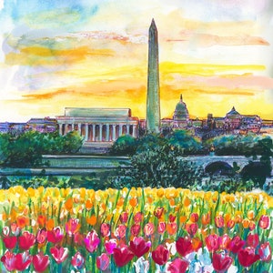 Tulips and Washington D.C. Skyline Sunrise at the Netherlands Carillon Giclée Print by Cris Clapp Logan