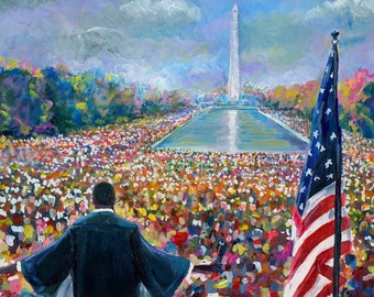 May include: A painting depicting a large crowd gathered in front of the Washington Monument. A man in a dark suit is speaking from a podium, with an American flag waving in the background.