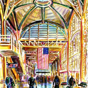May include: A watercolor painting of a train station interior with a vaulted ceiling and a large American flag hanging from the ceiling. The painting is done in a colorful style with bright colors and bold lines. There are people walking through the station, and luggage can be seen on the floor.