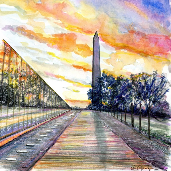 Vietnam Memorial Art Featuring Washington Monument by Cris Clapp Logan