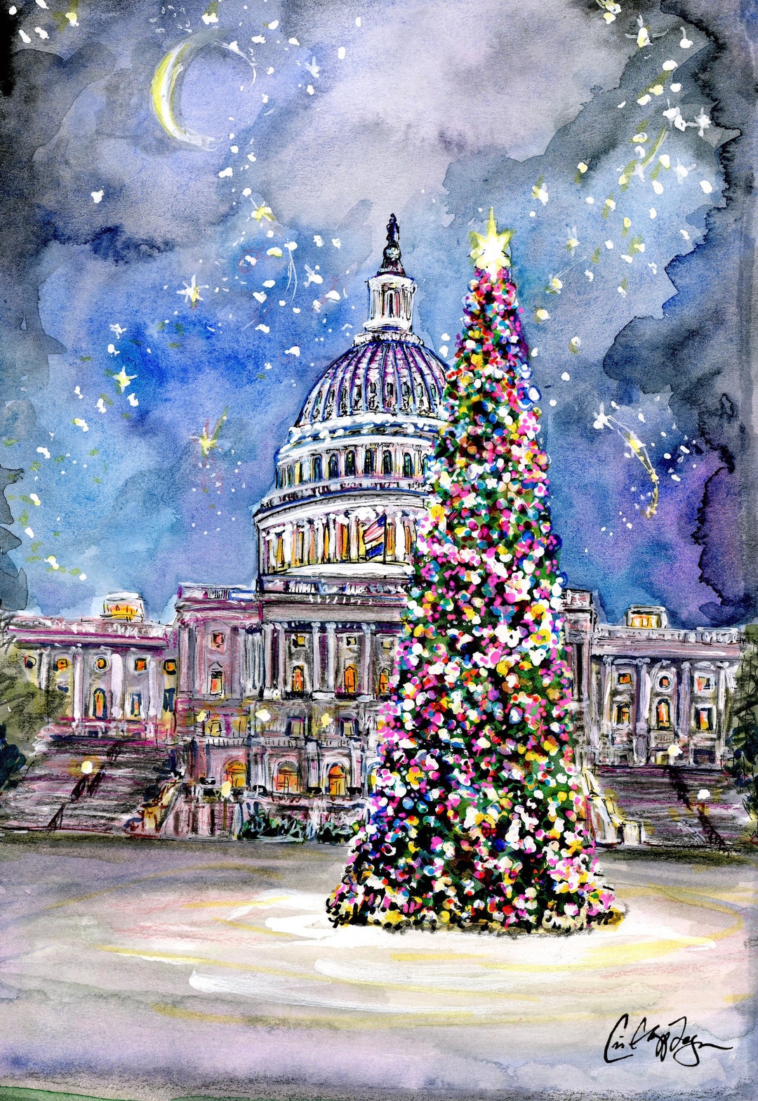 U.S. Capitol Christmas Tree Washington DC Holiday Art by Cris Clapp Logan Etsy