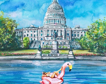 Reflecting Pool with Flamingo Float Gicleé print by Cris Clapp Logan Washington DC