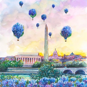 May include: A watercolor painting of the Washington Monument and other buildings in Washington, D.C. with blue hydrangea flowers floating in the sky like hot air balloons.