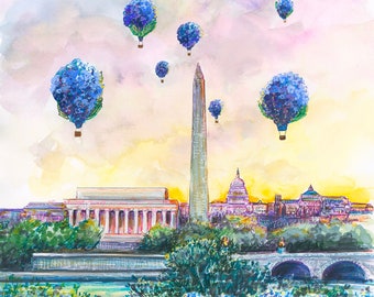 以下が含まれることがあります： ワシントン記念塔とワシントンD.C.の他の建物を描いた水彩画。青いアジサイの花が熱気球のように空に浮かんでいます。