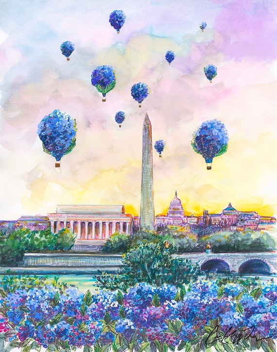 Hydrangea Balloons Skyline Washington DC Gicleé Print Illustration by Cris Clapp Logan