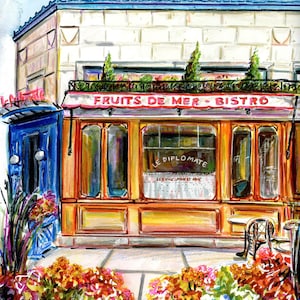 May include: A watercolor painting of a French bistro called "Fruits de Mer - Bistro". The building is painted in shades of yellow, orange, and red. The sign above the door says "Le Diplomate" and "Service Jour et Nuit". There are flowers in pots in front of the bistro.