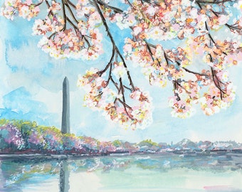 Bassin de marée du Washington Monument et fleurs de cerisier par Cris Clapp Logan