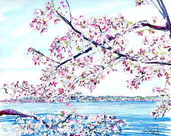 Washington DC Cherry Blossom Jefferson Monument Original Print by Cris Clapp Logan