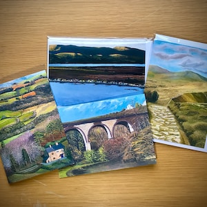 Forfait de cartes de vœux: Mam Tor, viaduc de Monsal, marche rurale et coucher de soleil de Borth.