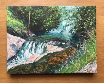 Living Water. Oil painting on canvas. River waterfall scene. Wales.