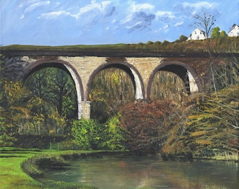 Monsal Viaduct. Peak District scene. Small canvas oil painting.