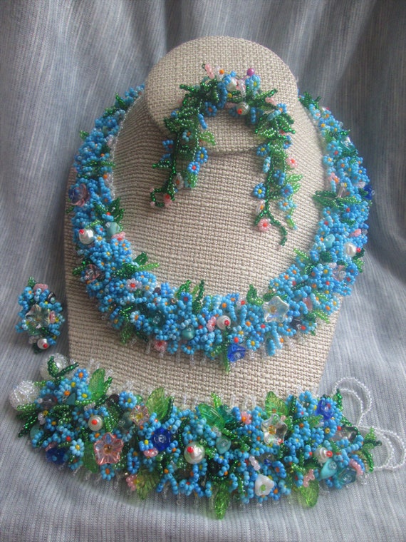 Ukrainian handmade.Ukrainian jewelry Wonderful beaded set necklace, bracelet , earrings and ring 2 in 1 Forget me Not