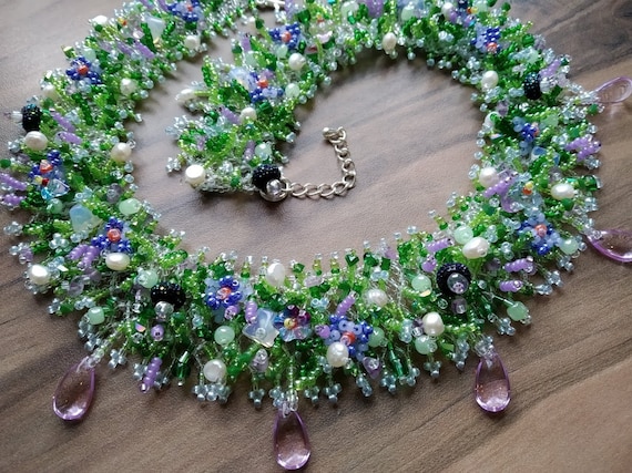 Ukrainian handmade.Ukrainian jewelry Wonderful beaded set necklace, bracelet , earrings and ring 2 in 1 Forget me Not