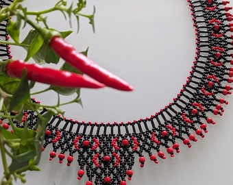 Ukrainian handwork. Red and black beaded necklace. The best gift for your wife, lover on birthday or Valentine's Day.