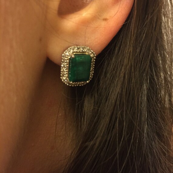Emerald & Diamond Certified Halo Stud Earrings 18… - image 4