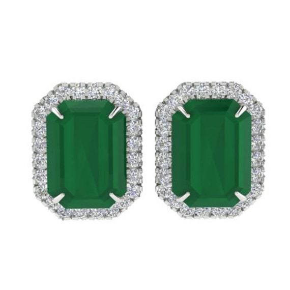 Emerald & Diamond Certified Halo Stud Earrings 18… - image 1