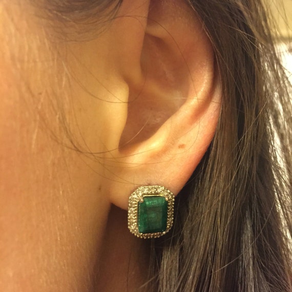 Emerald & Diamond Certified Halo Stud Earrings 18… - image 5