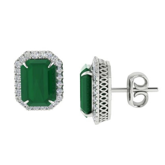Emerald & Diamond Certified Halo Stud Earrings 18… - image 2