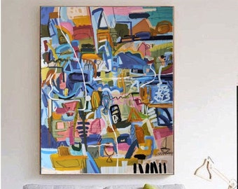 55" modern painting on canvas, large original artwork, blue contemporary painting, midcentury artwork by sophie vanderfeld