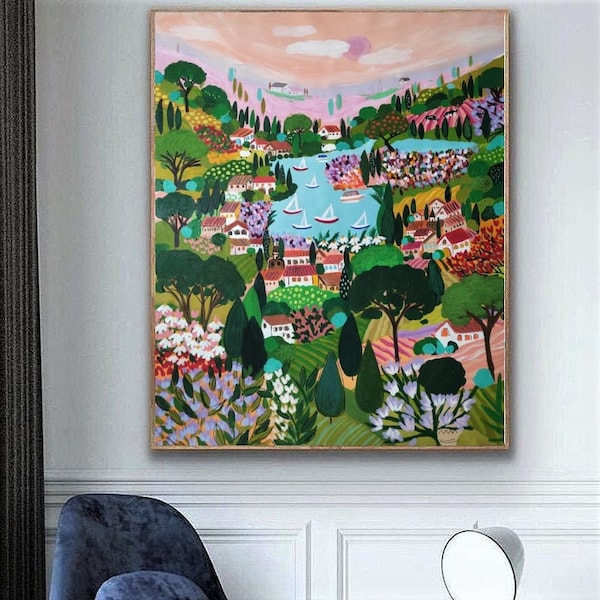 50" toscane grande œuvre d’art originale peinture de paysage sur toile œuvre d’art colorée méditerranéenne par Sophie Vanderfeld