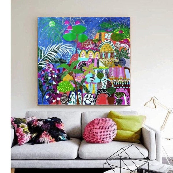 40"x40" inches landscape abstract painting, colorful original artwork, nice painting on canvas, mallorca abstract Art, by Sophie Vanderfeld