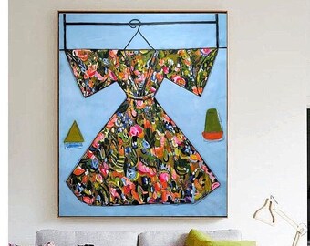 42"x50" large dress painting on canvas, blue and green original artwork, abstract acrylic painting by sophie vanderfeld